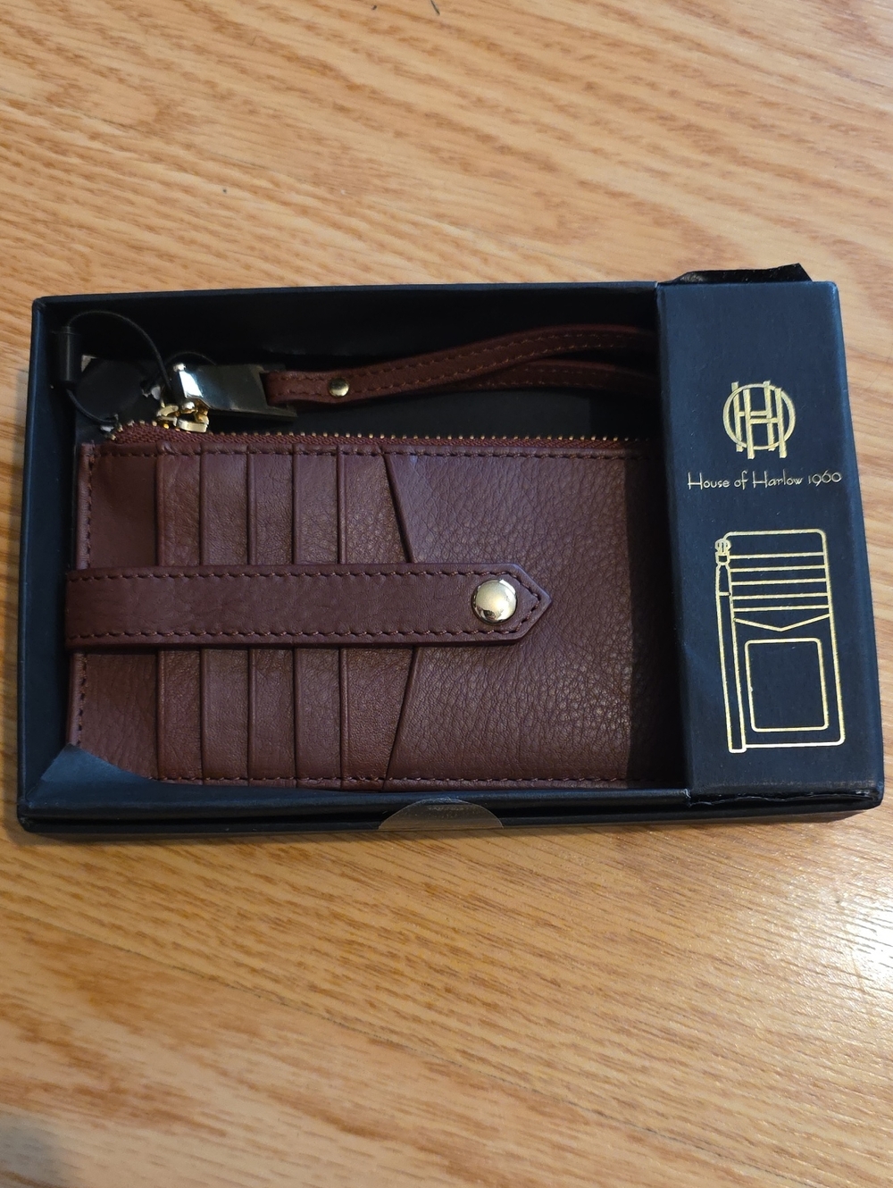 House of Harlow 1960 Brown Leather Card Wristlet with Gold Hardware